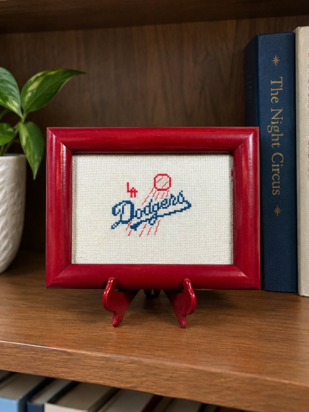 Vintage Handmade Cross-Stitch LA Dodgers Framed Photo with Easel MLB Baseball